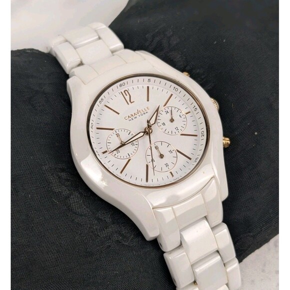Bulova Accessories - Caravelle Bulova Women's Chronograph White Ceramic Bracelet Watch Rose Gold